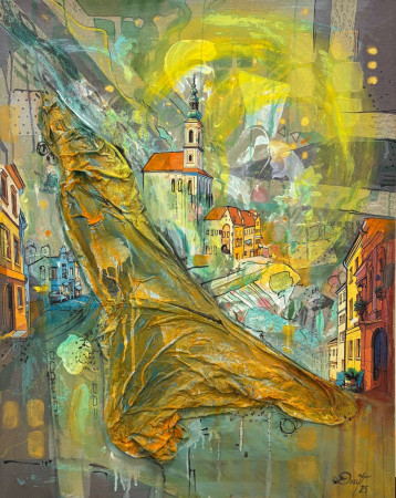 Bratislava yellou 80x100 kombinovaná technika